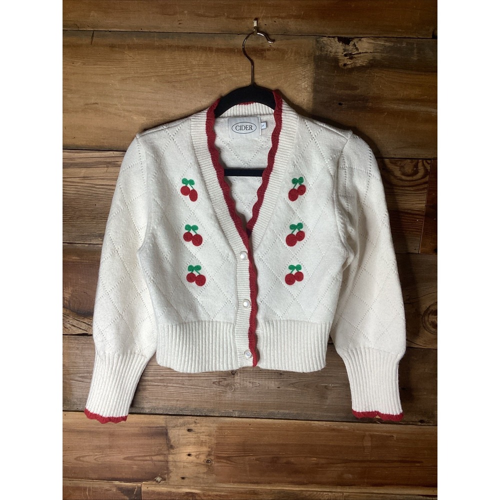 Cider Retro Cardigan Sweater Cherries Red White Rockabilly Pearl Buttons
